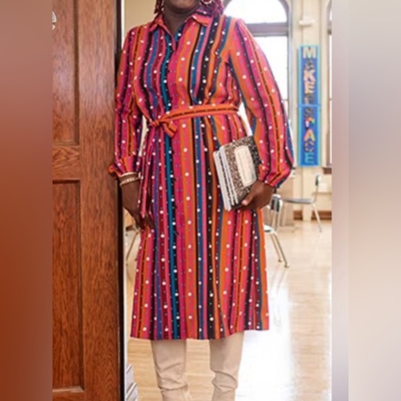 Abbot Elementary Long Sleeve Belted Pink Striped Dotted Midi Shirt Dress - Picture 2 of 2